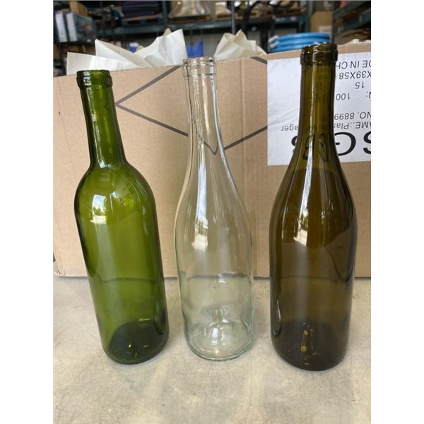 BOX OF 21 NEW WINE BOTTLES - AMBER, GREEN, AND CLEAR
