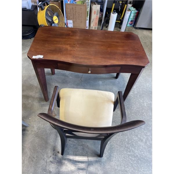 SINGLE DRAWER MAHOGANY DESK AND CROSS BACK UPHOLSTERED DINING CHAIR