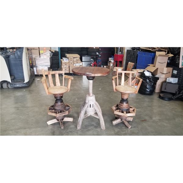"WAGON WHEEL" TEAK IMPORTED 3 PIECE BAR SET. SWIVEL BAR STOOLS