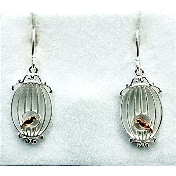 STERLING SILVER AND ROSE GOLD PLATED BIRD ELEMENT EARRINGS, W/A $350.00.