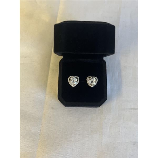 NEW S925 1.5CT EACH SIMULATED DIAMOND (CZ) HEART HALO STUD EARRINGS, MOUNTED IN 925 STERLING SILVER 