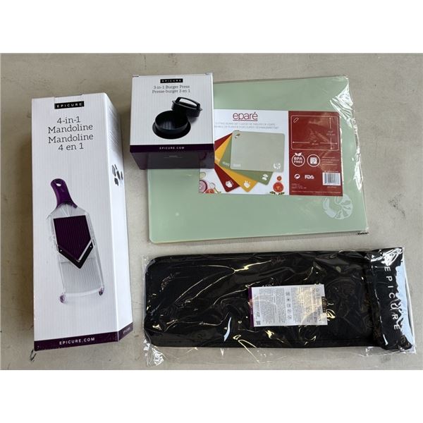 NEW EPICURE COOKING ACCESSORIES - 4PC CUTTING BOARD SET, 4-IN-1 MANDOLINE, 3-IN-1 BURGER PRESS, AND 