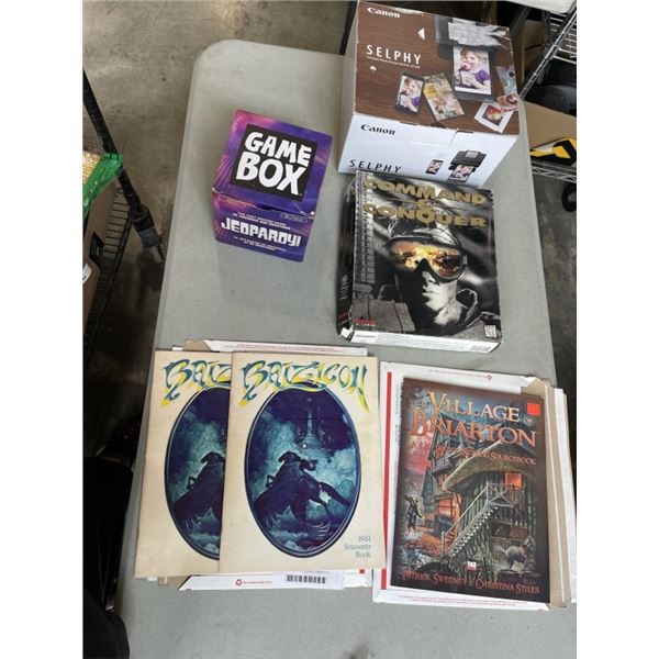 TRAY OF ITEMS INCLUDING COMMAND & CONQUER FOR PC, JEOPARDY GAMEBOX, CANON SELPHY 3RD EDITION, BALZIG