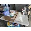 Image 1 : TRAY OF KNITTING/SEWING SUPPLIES INCLUDING KNITTING NEEDLES, STUFFING, EARRING STUDS