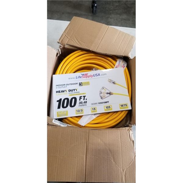 AS NEW 100FT HEAVY DUTY 3 OUTLET YELLOW EXTENSION CORD. 12AWG/3C