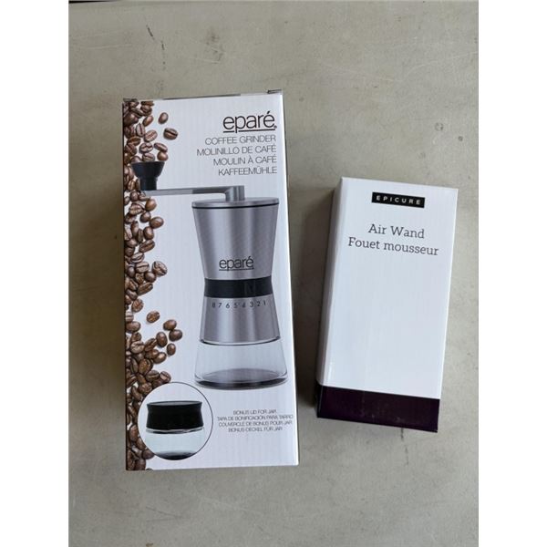 NEW EPARE COFFEE GRINDER W/ BEAN STORAGE AND EPICURE AIR WAND