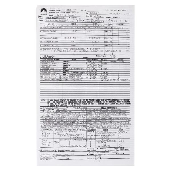 A "Star Trek: Voyager" Television Call Sheet.