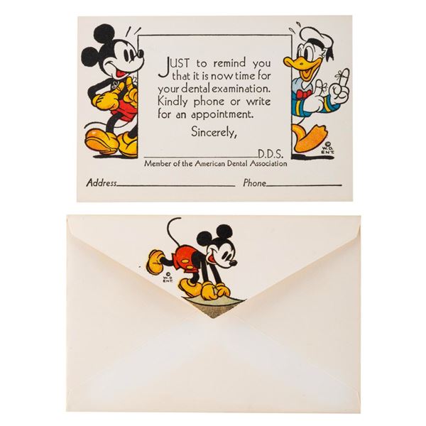 A Mickey and Donald Dental Reminder Card and Envelope.