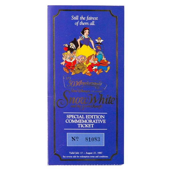 A "Snow White and the Seven Dwarfs" 50th Anniversary Ticket and Coin.
