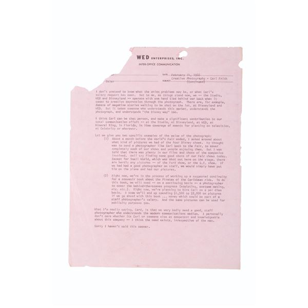 A 1966 WED Enterprises Photography Memo.