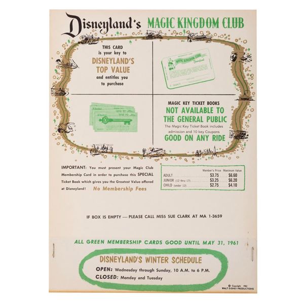 A 1961 Disneyland Magic Kingdom Club Flyer.