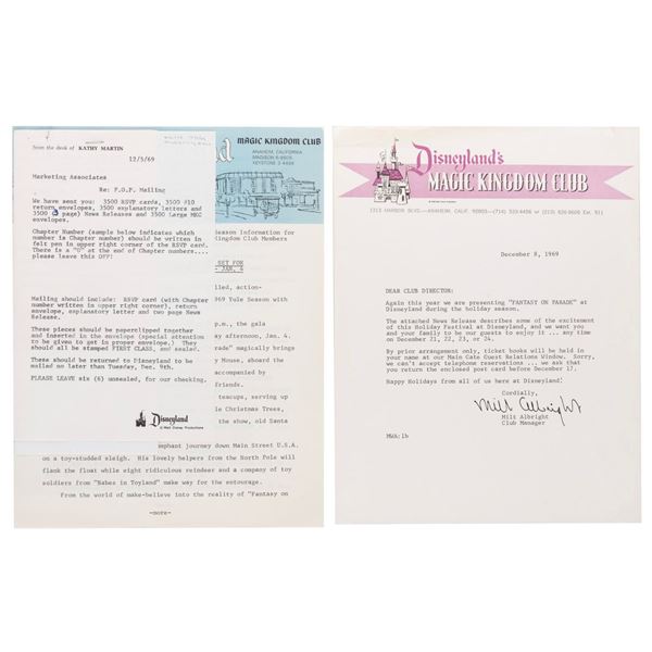 A Pair of 1969 Disneyland Magic Kingdom Club Documents.