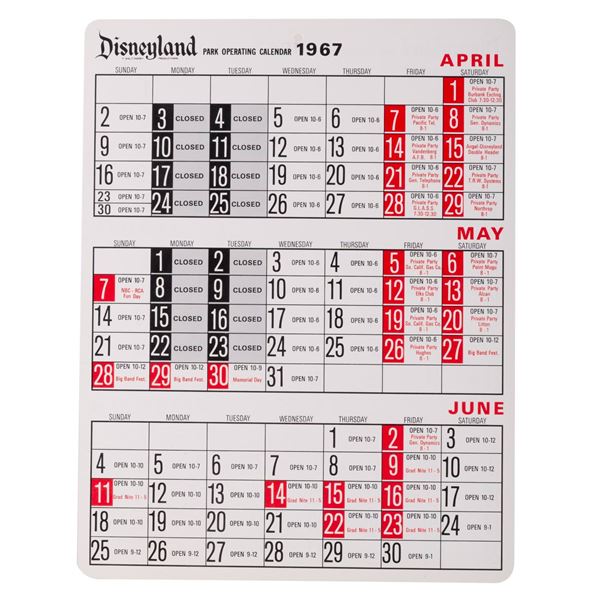A 1967 Disneyland Park Operating Calendar.