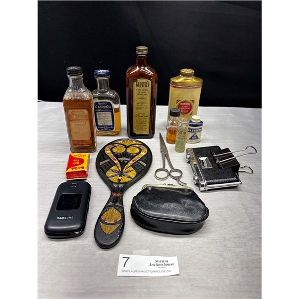 Vintage Collectibe Lot of Old Bottles, Tins, Cellphone Change Purse Filled w/ Pennies Etc