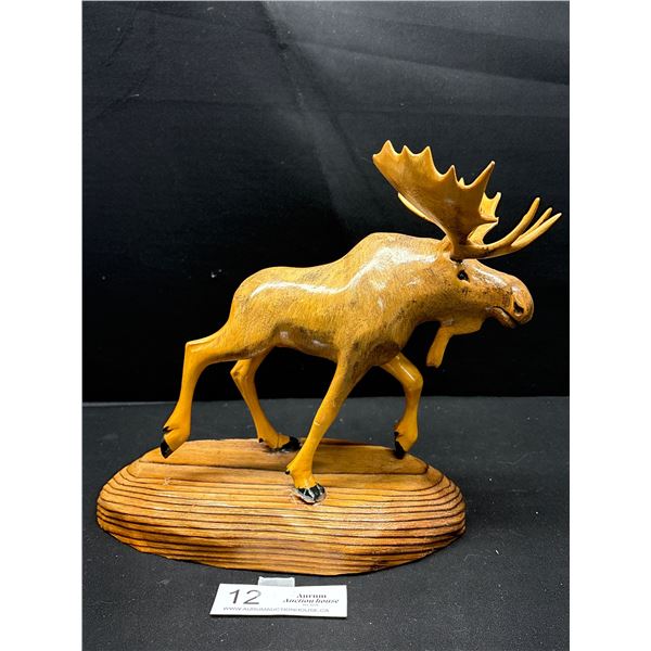 Vintage Hand Carved Wooden Bull Moose w/ Ax and Log