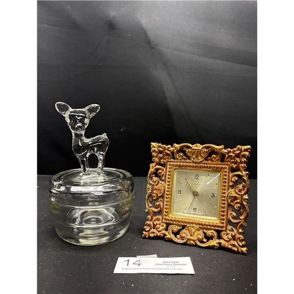 Vintage Jeanette Glass Trinkete Jar w/ Fawn Finyal and Ornate Mantel Clock