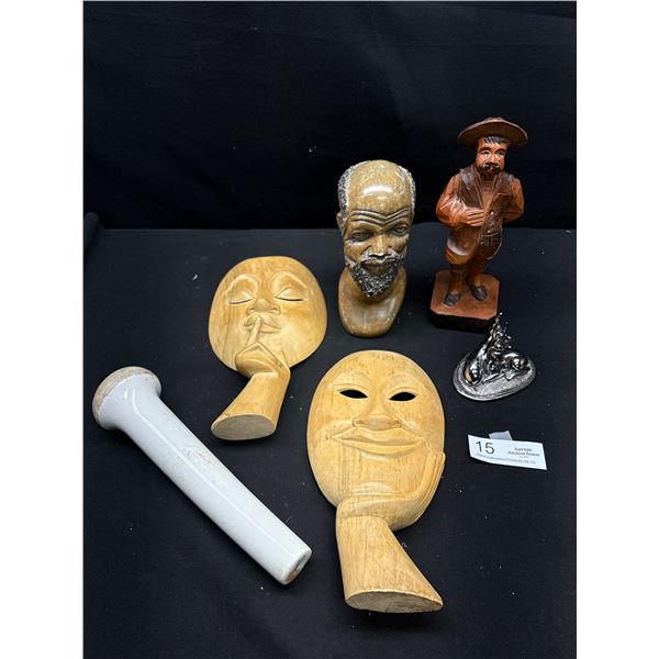 Nice Home Decor Lot w/ Wooden Carved Masks, Stone Head Sculpture