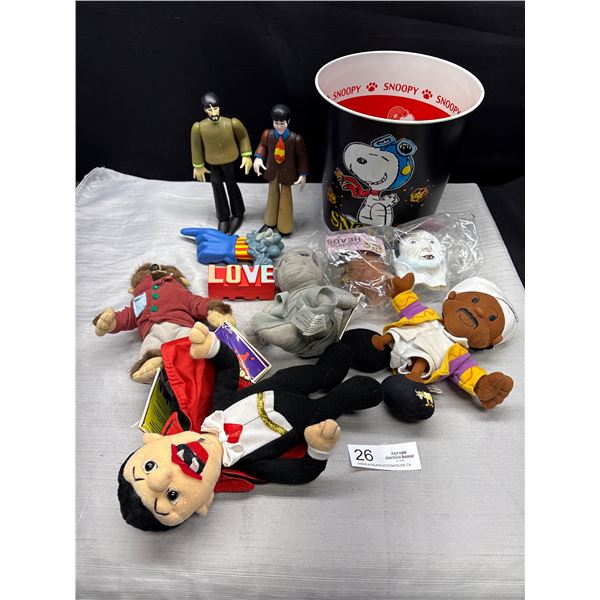 Vintage Snoopy Trash Can + Beatles Figurines and Munsters Plushies etc