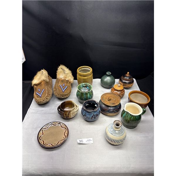 Nice Lot of Small Lidded Pottery Pieces + Pair of Native Mocassins