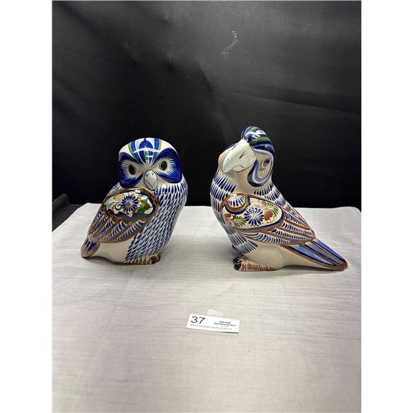 2 Vintage Mexican Folk Art Pottery Parrot and Owl
