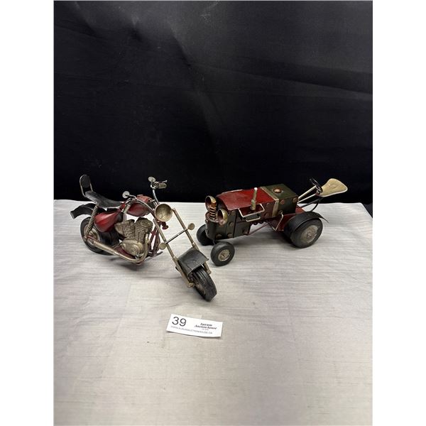 2 Very Nice Folk Art Pieces Motorcycle and Tractor