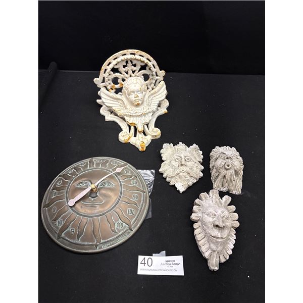Vintage Garden Décor Lot Cast Iron Angel, Figural Heads, and Sundial