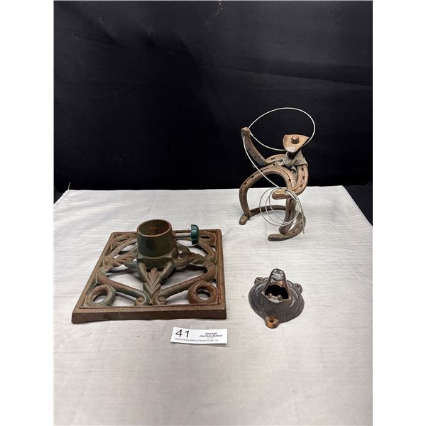 Vintage Cast Iron Lot Bottle Opener, Umbrella Stand and Horshoe Cowboy