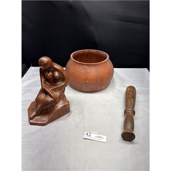 Vintage Décor Lot Ceramic Figure, Terracotta Bowl, Etc