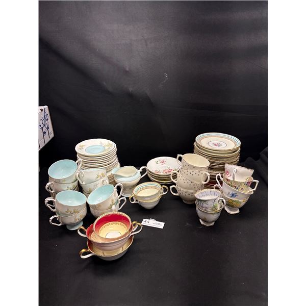 Large Lot of Bone China Teacups and Saucers, Cream and Sugar, Mostly Aynsley's