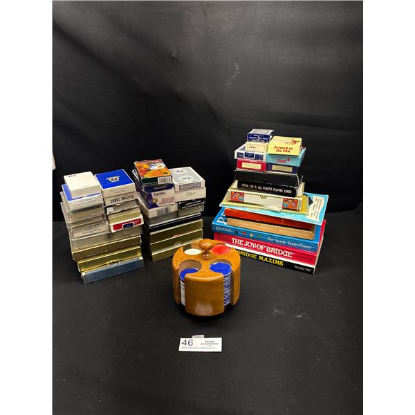Large Lot of Collectible Playing Cards and Poker Chips in Holder + Books on Bridge and Bridge Scoreb