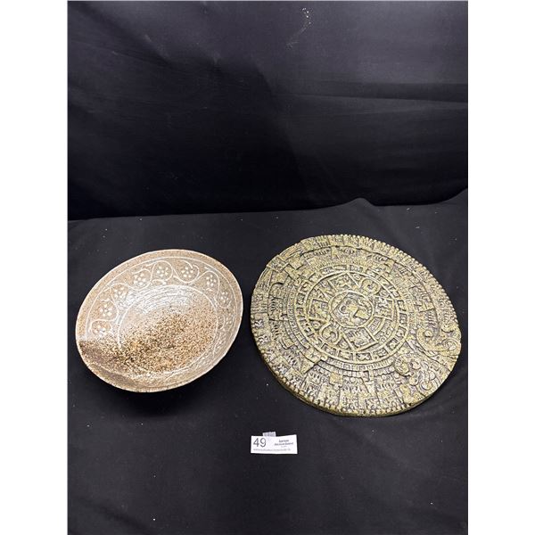 Aztec Sun Stone Garden Art + Vintage Ceramic Bowl