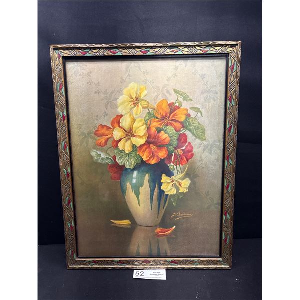 Very Nice 20th Century Floral Still Life Painting Featuring Orange and Yellow Flowers in Green Glaze