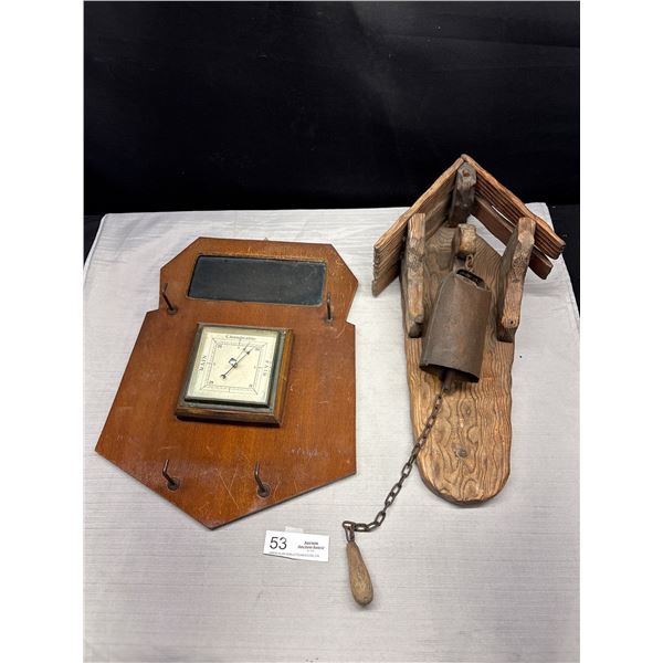 Cool Vintage Patio Décor Lot Cowbell and Rusted Metal Wall Thermometer