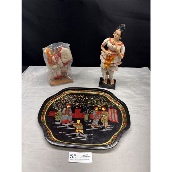 Lot of Vintage Asian Figurines and a Serving Tray