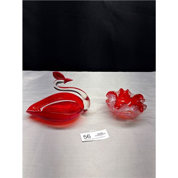 2 Vintage Nurano Red Glass Swan and Ruffeled Bowl