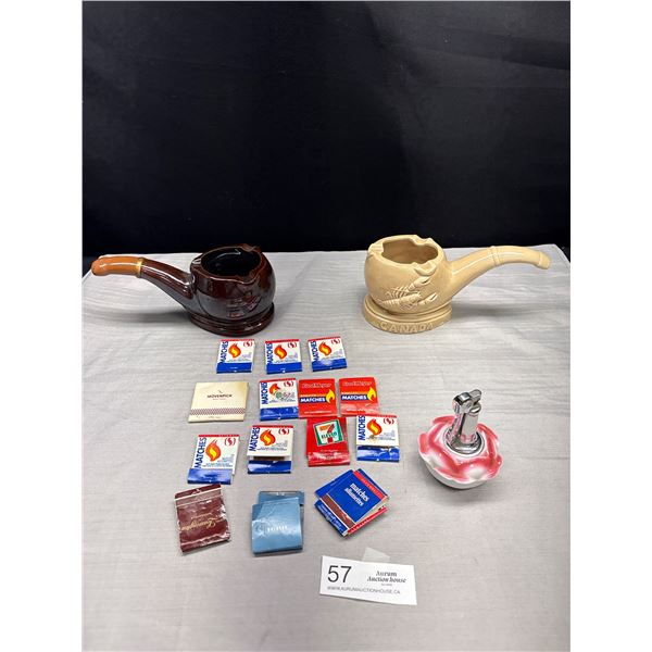 2 Ceramic Pipe Ash Trays/Holders Plus Mid Century Lighters and Collectible Matches