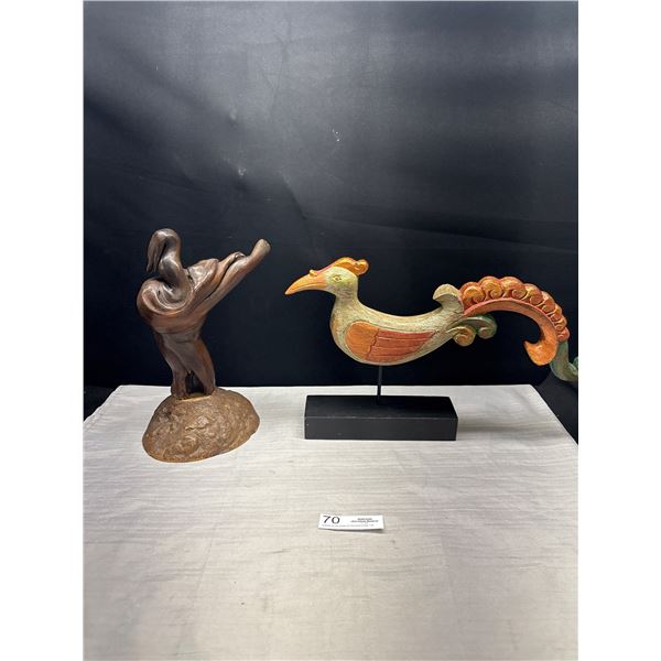 West Coast Drift Wood Art Piece and Folk Art Bird on Stand