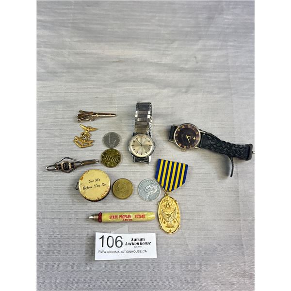 Misc Lot, Masonic Sojourners Medal, Old Advertising Insurance Measuring Tape and Propane File +