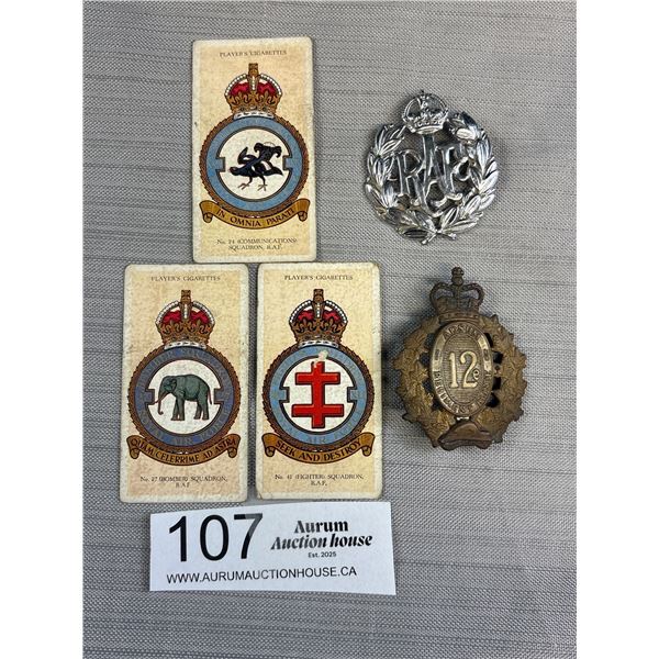 2 Military Hat Badges and 3 RAF Badges Cigarette Cards
