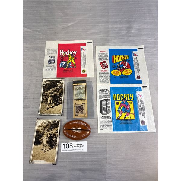 Misc Sports Lot, 1950's Edmonton Football Change Pouch, 2 Old Photos, 3 1970's Vintage Hockey Card W