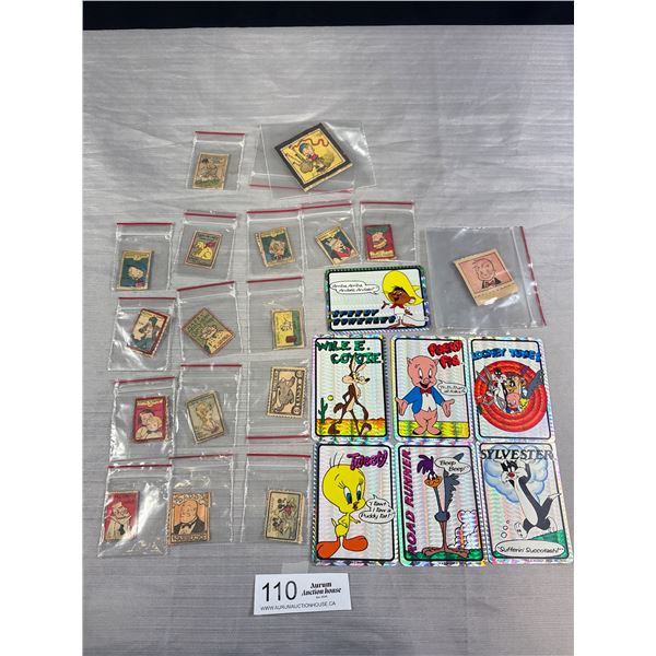 Lot of 7 Looney Tunes Prism Vending Machine Stickers and a Lot of Old Comic Stamps
