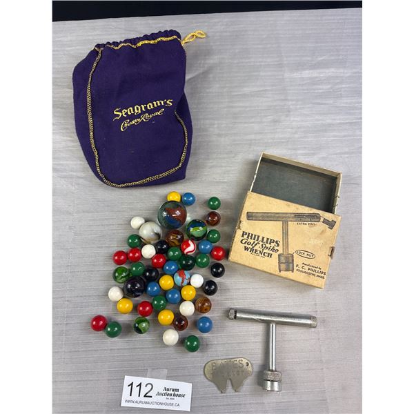 Bag of Vintage Marbles and Old Golf Shoe Spike Wrench in Box
