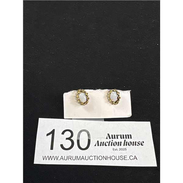 Antique Genuine Opal Stud Earrings Gold Tone