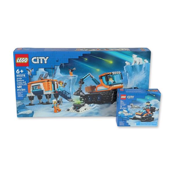 Two LEGO City Arctic Explorer Snowmobile, Truck & Mobile Lab Building Sets