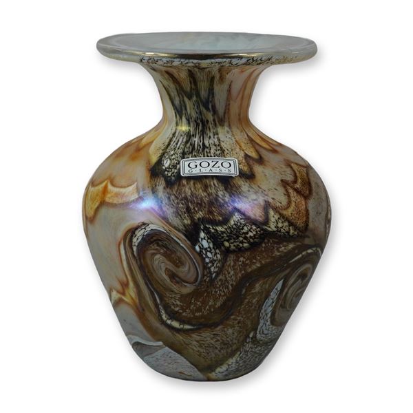 Signed Gozo Glass Hand-Blown Art Glass Vase with Marbled Earth Tones and Iridescent Sheen