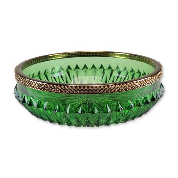 Emerald Green Cut Glass Metal Mounted Bowl