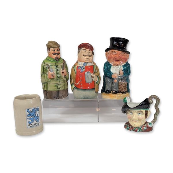 5pc Collection of English and German Character Steins and Jugs