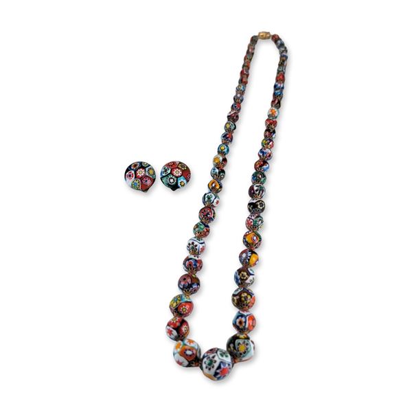 Venetian Millefiori Glass Graduated Necklace and Earrings Jewelry Set