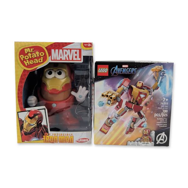 Two LEGO and Mr. Potato Head Iron Man Toys