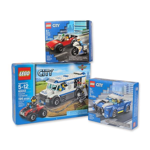 Three LEGO City Police Car, Car Chase & Prisoner Transporter Building Sets